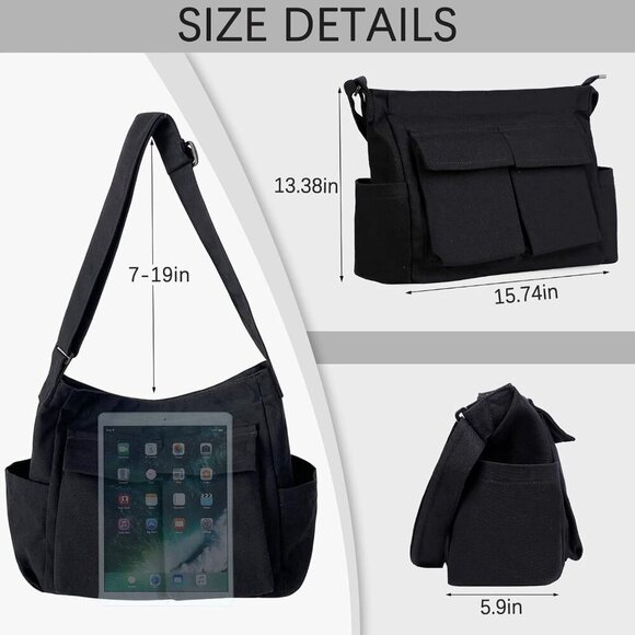 Canvas Messenger Bag Large Hobo Crossbody Bag with Multiple Pockets Canvas Shoul - Picture 5 of 6